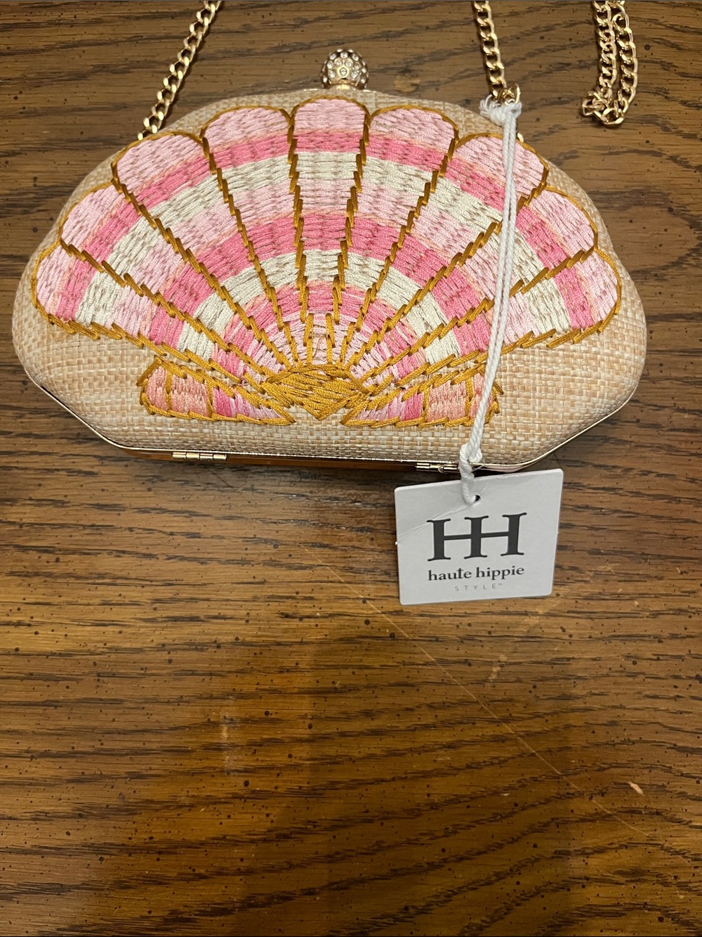 Haute Hippie Pink & Cream Shell-Embroidered Clutch with Gold Chain - Picture 2 of 15